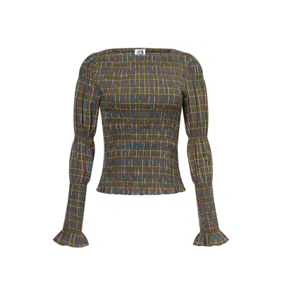 AMY LYNN WOMEN'S IRIS PURE COTTON GREEN PLAID SMOCKED TOP