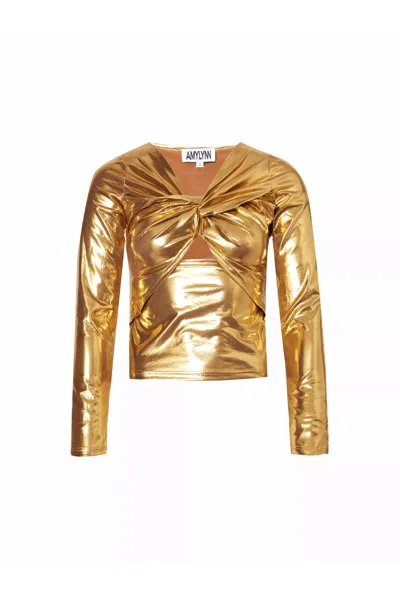 Amy Lynn Womens Gold Twist-front Cut-out Metallic Stretch-woven Top