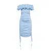 Amy Lynn 3d Bardot Ruched Mini Dress In Blue