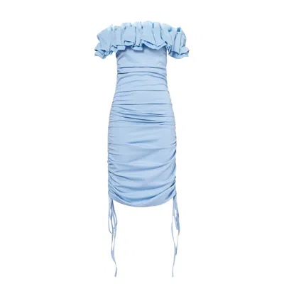 Amy Lynn 3d Bardot Ruched Mini Dress In Blue