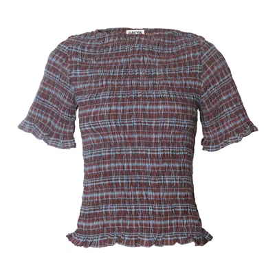 AMY LYNN WOMEN'S NEUTRALS KITTY HERITAGE CHECK CHIFFON SMOCKED FRILL SLEEVE TOP