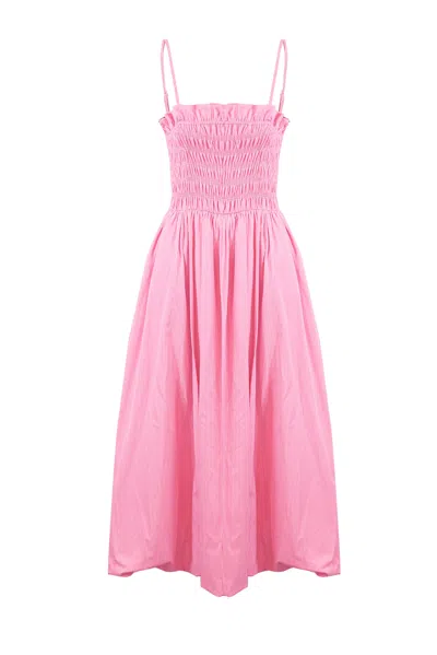 Amy Lynn Polly Shirred Midi Dress In Pink/purple