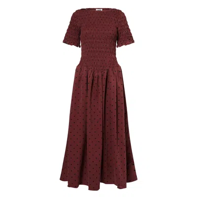 AMY LYNN WOMEN'S RED BEATRIX SMOCKED PLUM POLKA DOT MIDI DRESS