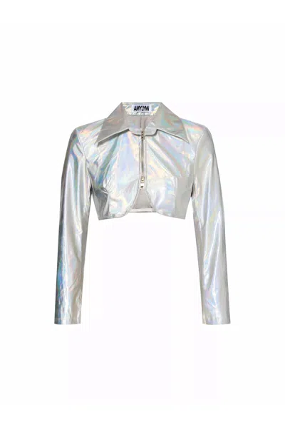 Amy Lynn Holographic Cropped Faux-leather Jacket In Silver