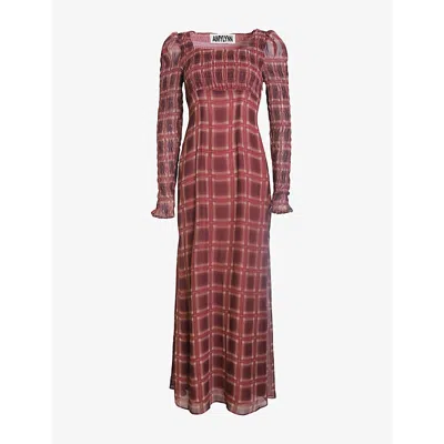 Amy Lynn Womens Burgundy Checkered Smocked Chiffon Maxi Dress