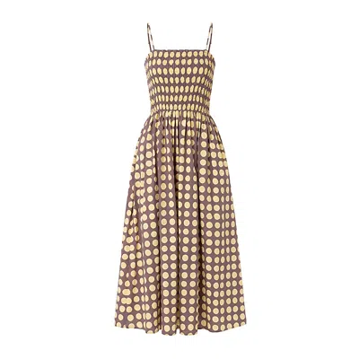 Amy Lynn Womens Yellow Darcy Polka-dot Smocked Cotton Midi Dress In Brown