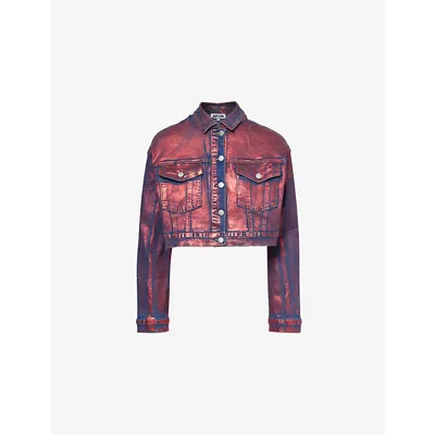 Amy Lynn Womens  Halle Foil-coated Denim Jacket In Red
