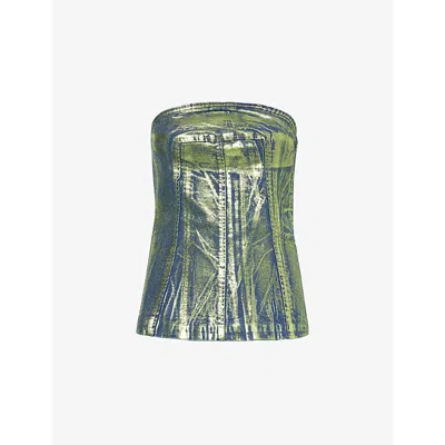Amy Lynn Womens  Johanna Foil-coated Denim Corset Top In Green