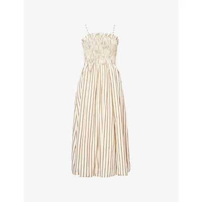 Amy Lynn Womens Beige Polly Shirred Puffball Cotton Midi Dress In Sand