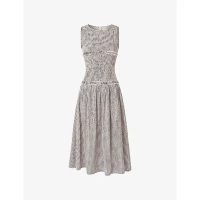 Amy Lynn Womens Mono Posy Gingham-print Smocked Cotton Midi Dress In Gray