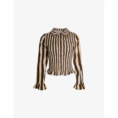 Amy Lynn Womens Brown Yasmine Striped Smocked Cotton Shirt