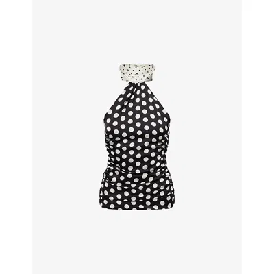 Amy Lynn Womens Black Polka Dot Scarf-neck Satin Top