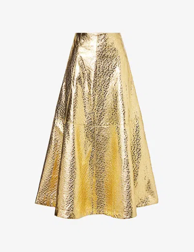 Amy Lynn Womens Gold Flared Faux-leather Midi Skirt