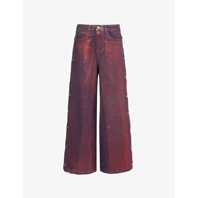 Amy Lynn Womens  Wren Foil-coated Wide-leg Denim Trousers In Red