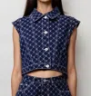 Amylynn Denim Diamond Pattern Vest In Blue In Blue