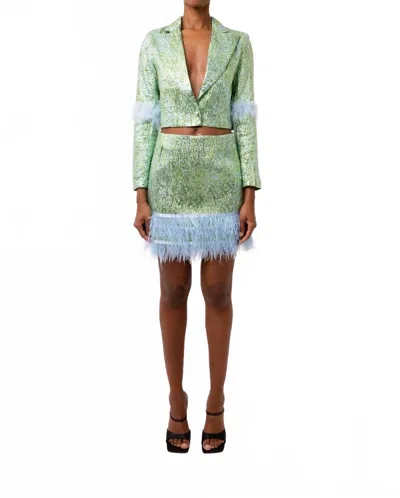 Amylynn Lorna Feather Trim Jacket In Light Green / Light Blue