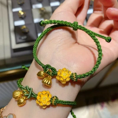 Pre-owned Am.yuxi Real 24k Yellow Gold Bracelet Small Lotus Weave Lover Bracelet Loose Beads Lucky
