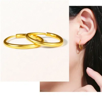 Pre-owned Am.yuxi Real 24k Yellow Gold Hoop Earrings Woman's Girl Smooth Surface Circle 0.74inchd