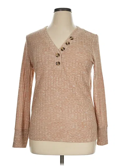 Pre-owned A.n.a. A New Approach Long Sleeve Top Tan V-neck Tops