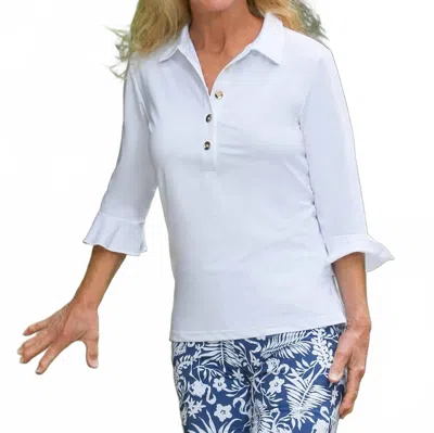 Ana Clare Mira Flounce Sleeve Polo Top In White