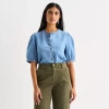 Ana Denim Womens Crew Neck Elbow Sleeve Blouse In Blue