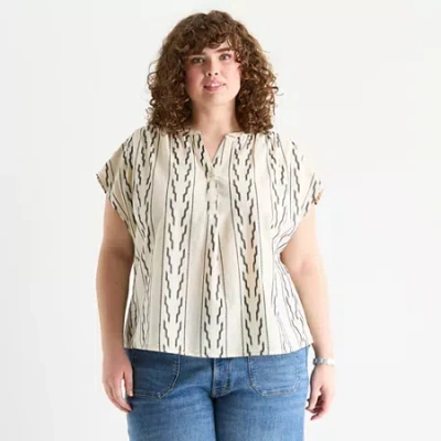 Ana Embroidered Womens Plus Short Sleeve Blouse In White