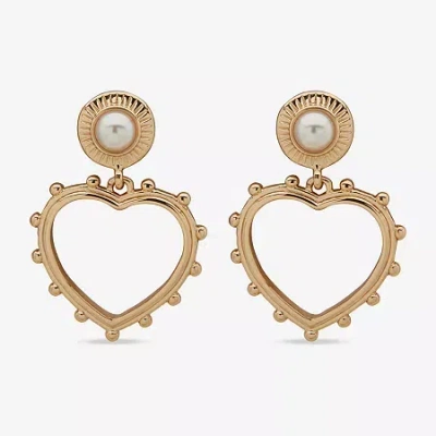 Ana Gold Tone Womens Pink Simulated Pearl Heart Drop Earrings In Yellow