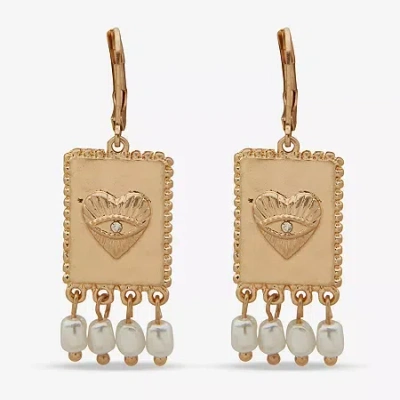 Ana Gold Tone Womens White Simulated Pearl Heart Drop Earrings In Yellow