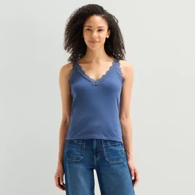 Ana Lace Trim Womens V Neck Sleeveless Tank Top In Blue