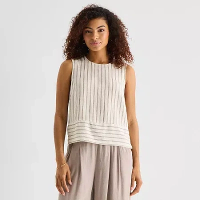 Ana Linen Womens Round Neck Sleeveless Blouse In Neutral