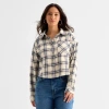 Ana Plaid Womens Long Sleeve Regular Fit Button-down Shirt In Sand