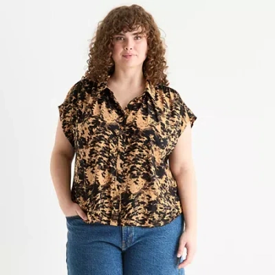 Ana Pleated Shoulder Womens Plus Short Sleeve Blouse In Black