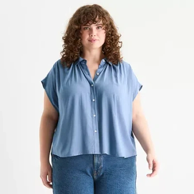 Ana Pleated Shoulder Womens Plus Short Sleeve Blouse In Blue