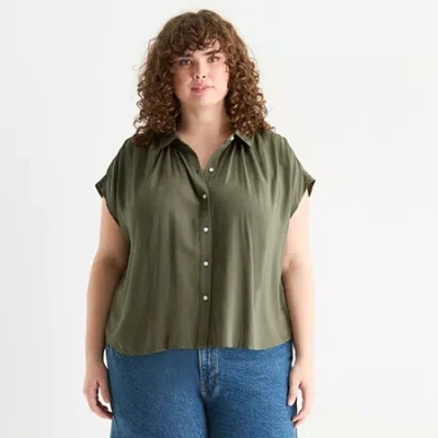Ana Pleated Shoulder Womens Plus Short Sleeve Blouse In Green