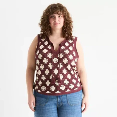 Ana Plus Crochet Womens Crew Neck Sleeveless Pullover Sweater In Red