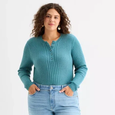 Ana Plus Womens Crew Neck Long Sleeve Pullover Sweater In Blue