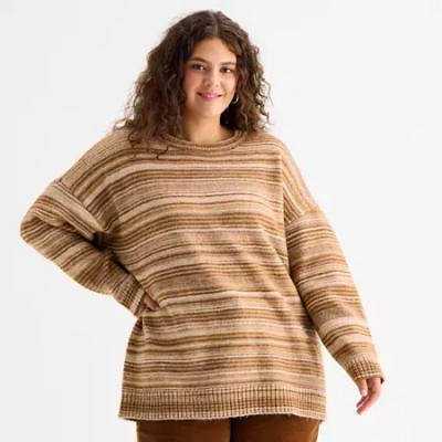 Ana Plus Womens Crew Neck Long Sleeve Striped Pullover Sweater In Brown