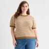 Ana Plus Womens Crew Neck Short Sleeve Striped Pullover Sweater In Brown