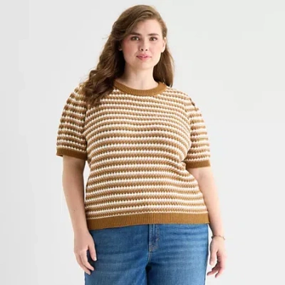 Ana Plus Womens Crew Neck Short Sleeve Striped Pullover Sweater In Brown