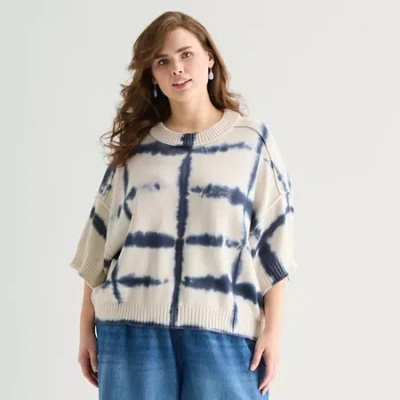 Ana Plus Womens Crew Neck Short Sleeve Tie Dye Pullover Sweater In Blue