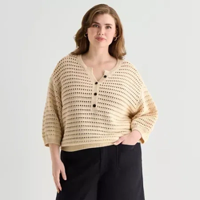 Ana Plus Womens Henley Neck 3/4 Sleeve Pullover Sweater In Neutral