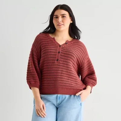 Ana Plus Womens Henley Neck 3/4 Sleeve Pullover Sweater In Brown