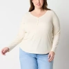 Ana Plus Womens Long Sleeve Henley Shirt In Sand