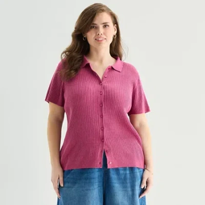 Ana Plus Womens Short Sleeve Polo Sweater In Pink
