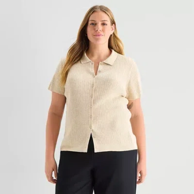 Ana Plus Womens Short Sleeve Polo Sweater In Brown