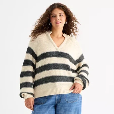 Ana Plus Womens Split Crew Neck Long Sleeve Pullover Sweater In Sand