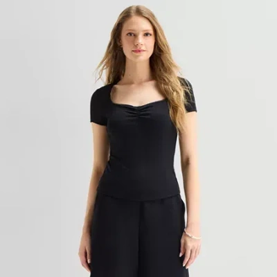 Ana Pointelle Womens Sweetheart Neck Short Sleeve T-shirt In Black