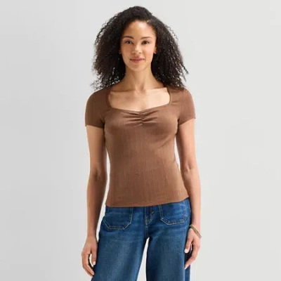 Ana Pointelle Womens Sweetheart Neck Short Sleeve T-shirt In Brown