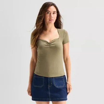 Ana Pointelle Womens Sweetheart Neck Short Sleeve T-shirt In Green