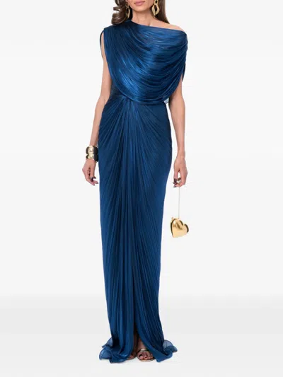 Ana Radu Draped Plissé-effect Maxi Dress In Blue